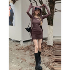 Y2K Hooded Cropped Top & Ruched Mini Dress Set - All Dresses - Sets / Co-ords - 4