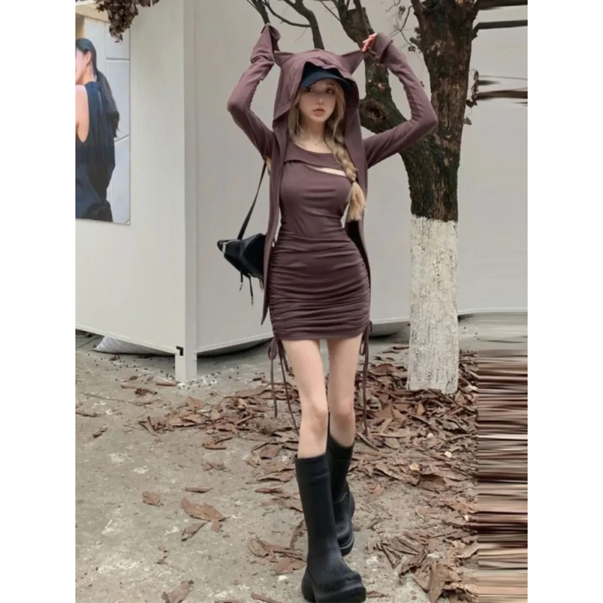 Y2K Hooded Cropped Top & Ruched Mini Dress Set - All Dresses - Sets / Co-ords - 4