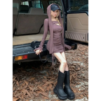 Y2K Hooded Cropped Top & Ruched Mini Dress Set - All Dresses - Sets / Co-ords - 5