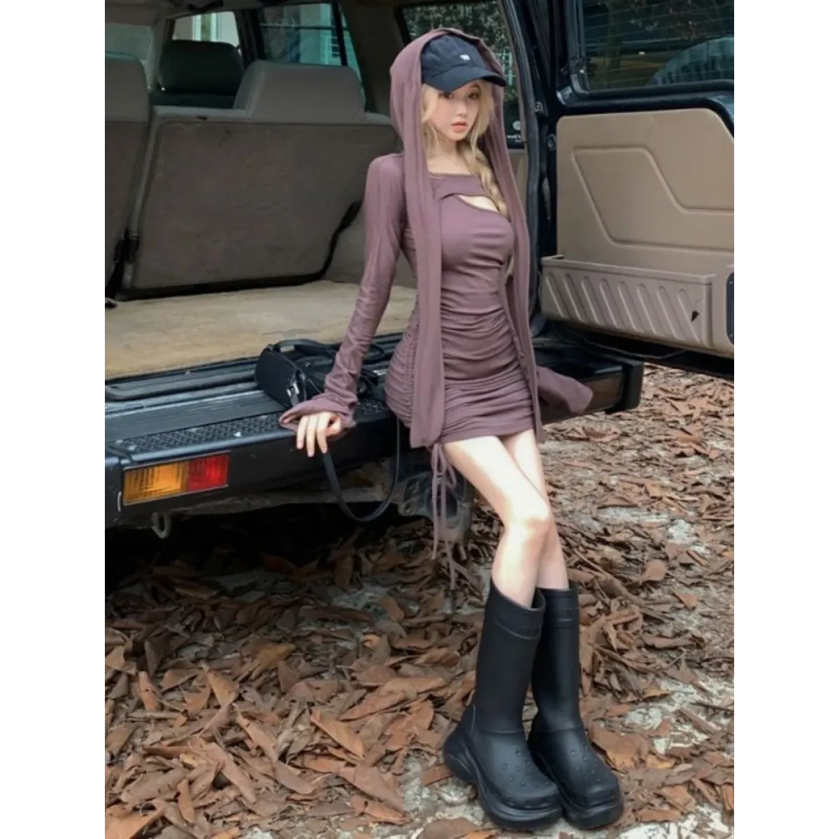 Y2K Hooded Cropped Top & Ruched Mini Dress Set - All Dresses - Sets / Co-ords - 5