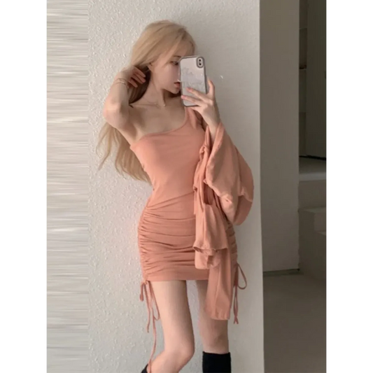 Y2K Hooded Cropped Top & Ruched Mini Dress Set - All Dresses - Sets / Co-ords - 6