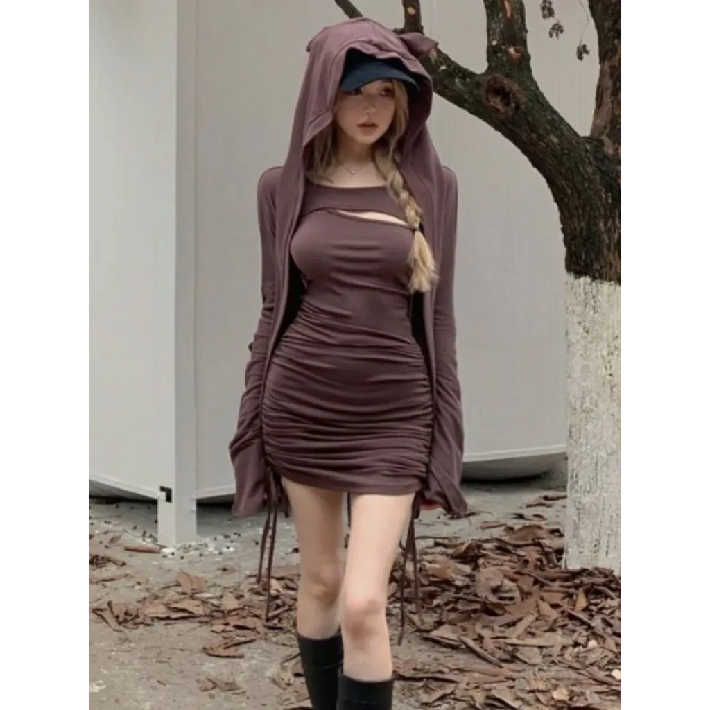 Y2K Hooded Cropped Top & Ruched Mini Dress Set - All Dresses - Sets / Co-ords - 7