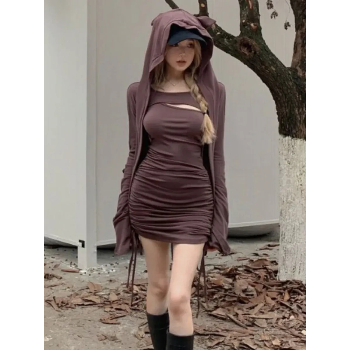 Y2K Hooded Cropped Top & Ruched Mini Dress Set - All Dresses - Sets / Co-ords - 7