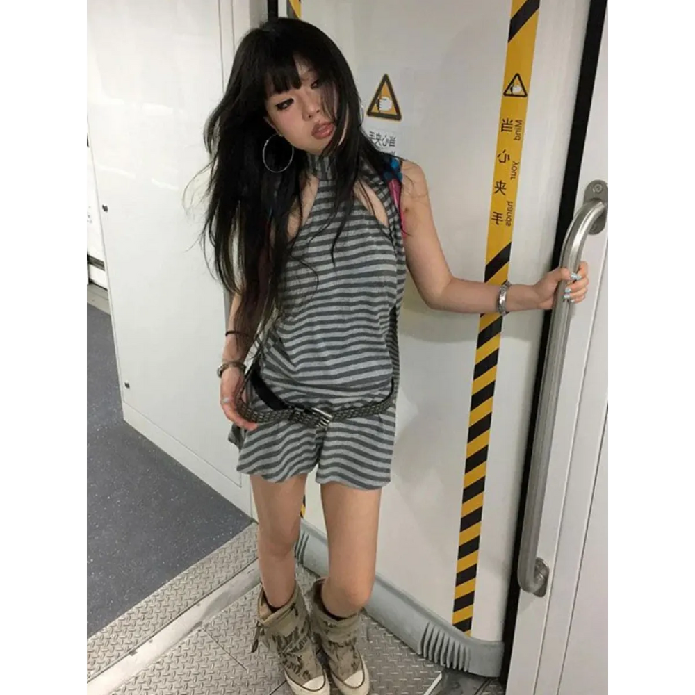 Striped Y2K Halter Bandage Mini Dress - All Dresses - Mini Dress - 1