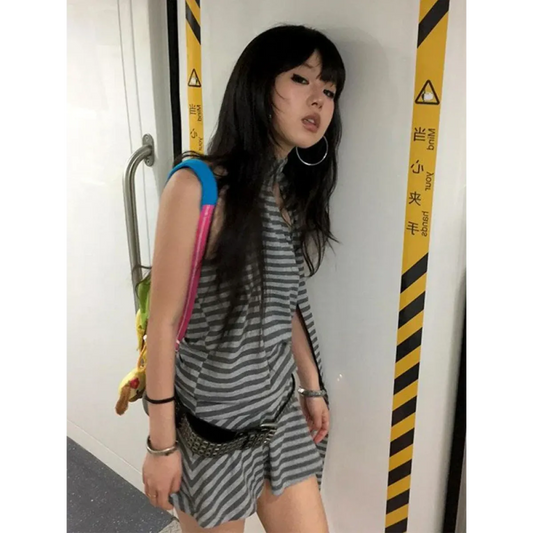 Striped Y2K Halter Bandage Mini Dress - All Dresses - Mini Dress - 2