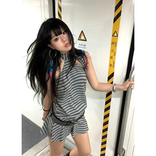 Striped Y2K Halter Bandage Mini Dress - All Dresses - Mini Dress - 7