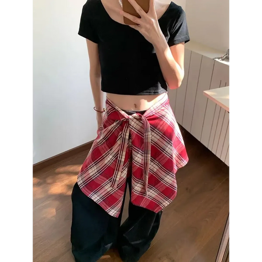 Y2K Irregular Plaid Lace-Up Mini Skirt - Bottoms - Skirts - 1