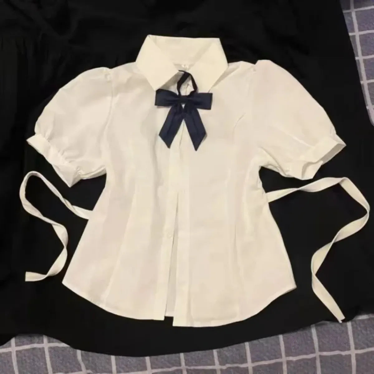 Y2K Lace-Up Bow Collar Puff Sleeve Blouse - Women’s Clothing & Accessories - Blouse - 1