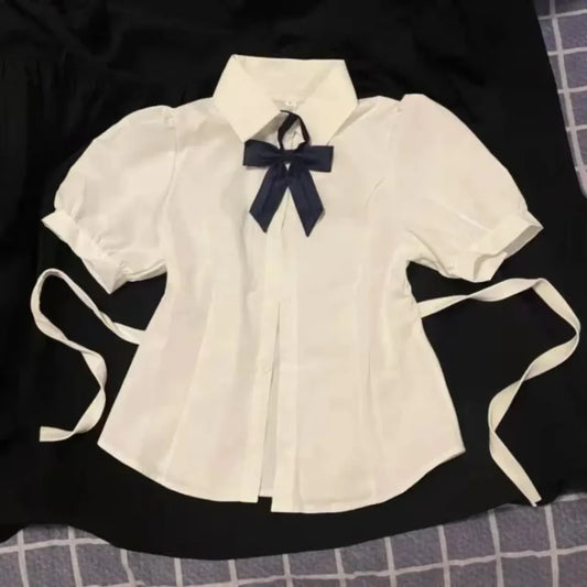 Y2K Lace-Up Bow Collar Puff Sleeve Blouse - Women’s Clothing & Accessories - Blouse - 1