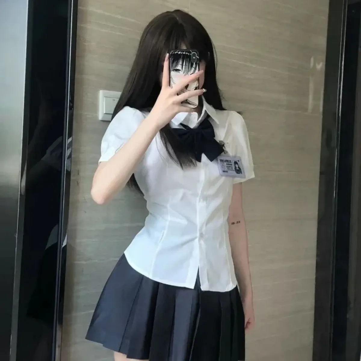 Y2K Lace-Up Bow Collar Puff Sleeve Blouse - Women’s Clothing & Accessories - Blouse - 3