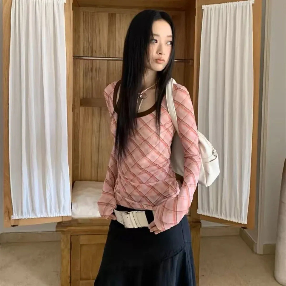 Y2K Plaid Patchwork Long Sleeve Tee - T-Shirts - T-Shirts - 1