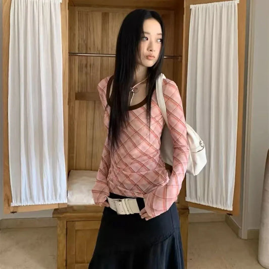 Y2K Plaid Patchwork Long Sleeve Tee - T-Shirts - T-Shirts - 1