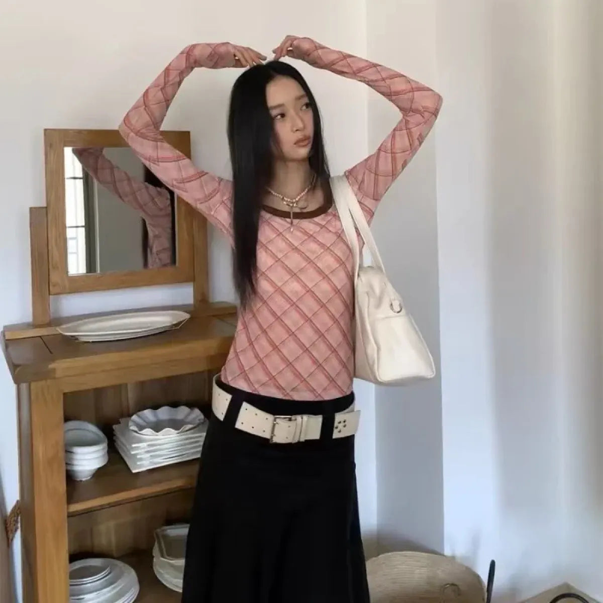 Y2K Plaid Patchwork Long Sleeve Tee - T-Shirts - T-Shirts - 2