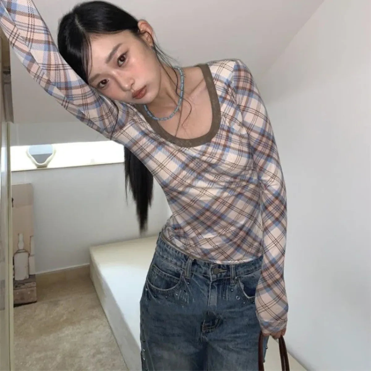 Y2K Plaid Patchwork Long Sleeve Tee - T-Shirts - T-Shirts - 3