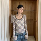 Y2K Plaid Patchwork Long Sleeve Tee - T-Shirts - T-Shirts - 4