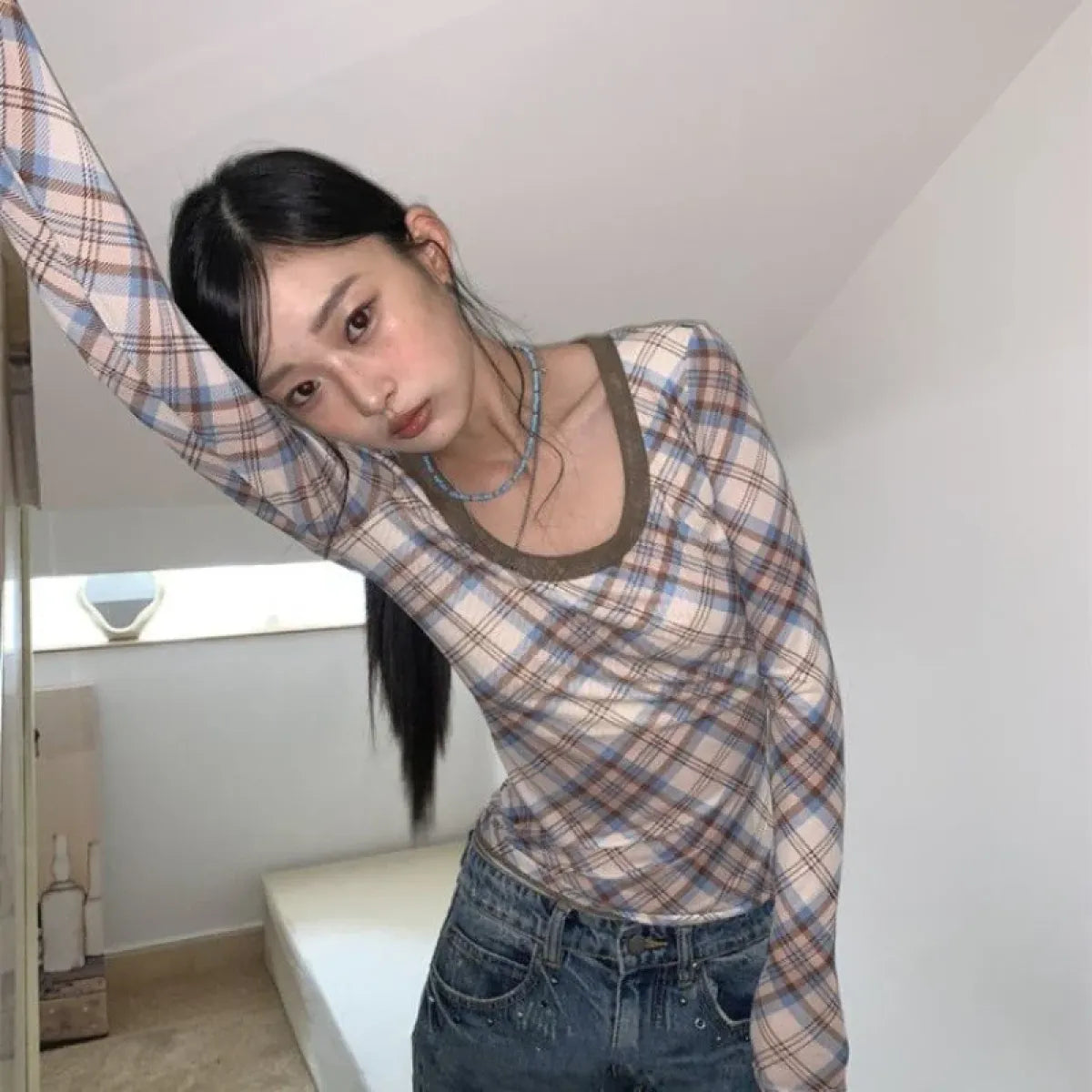 Y2K Plaid Patchwork Long Sleeve Tee - T-Shirts - T-Shirts - 5