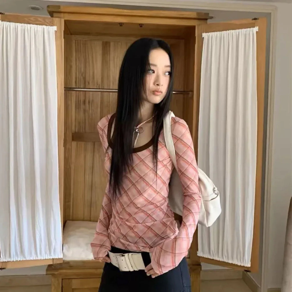 Y2K Plaid Patchwork Long Sleeve Tee - T-Shirts - T-Shirts - 6