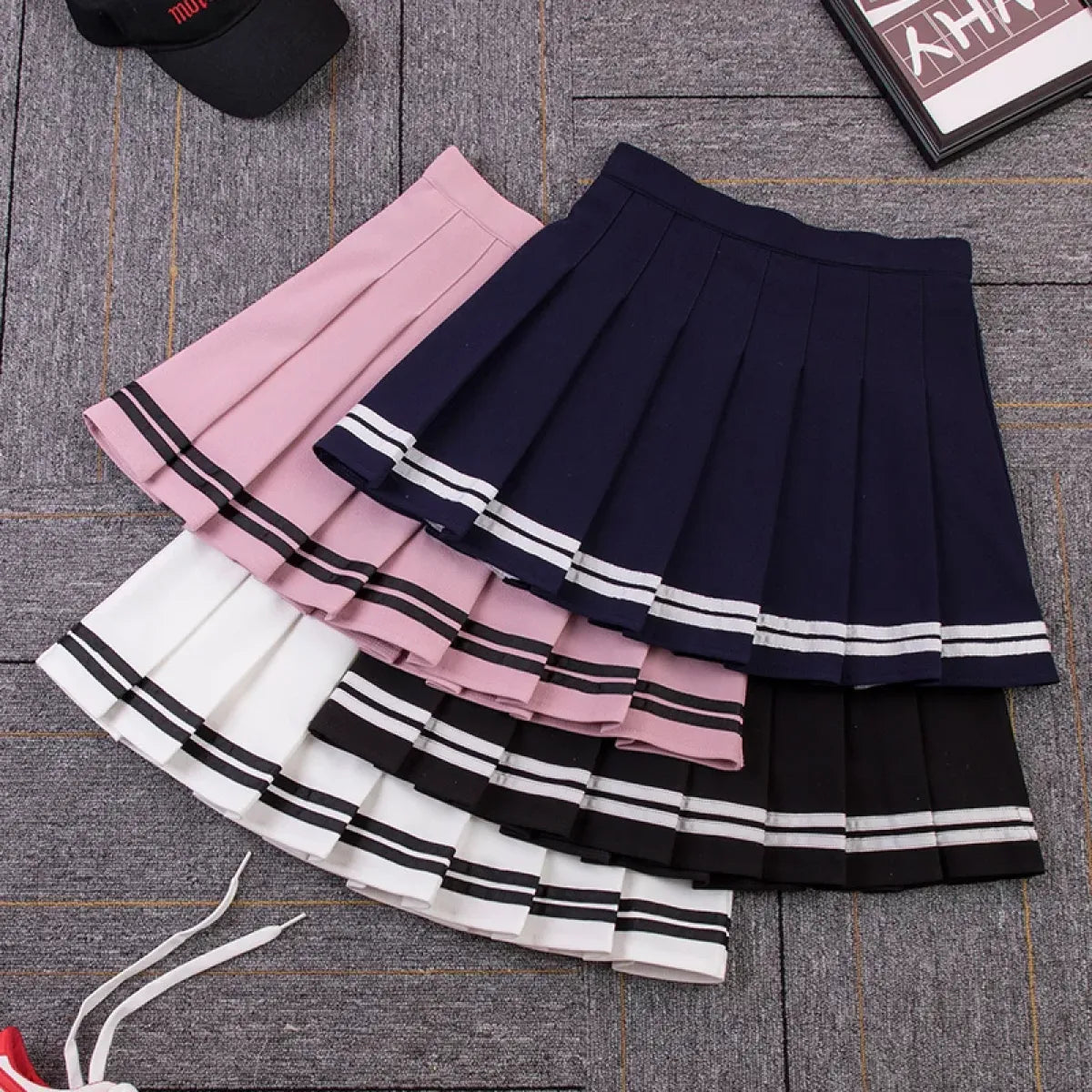Y2K High Waist Pleated Mini Skirt – Kawaii Preppy Striped Style - Bottoms - Skirts - 1