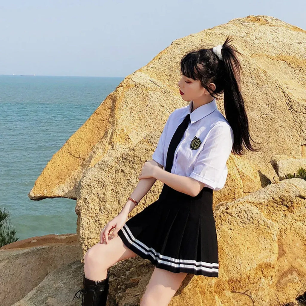 Y2K High Waist Pleated Mini Skirt – Kawaii Preppy Striped Style - Bottoms - Skirts - 2