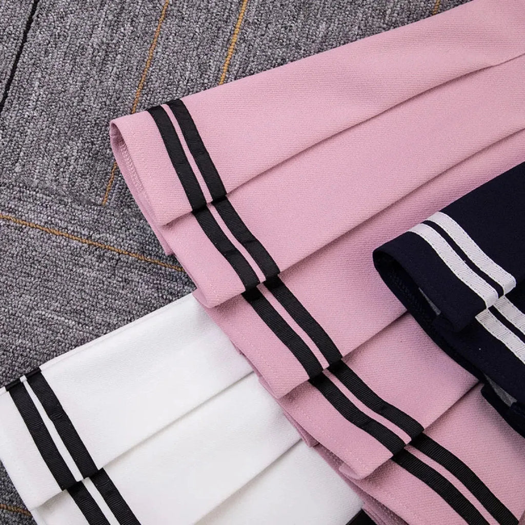 Y2K High Waist Pleated Mini Skirt – Kawaii Preppy Striped Style - Bottoms - Skirts - 4