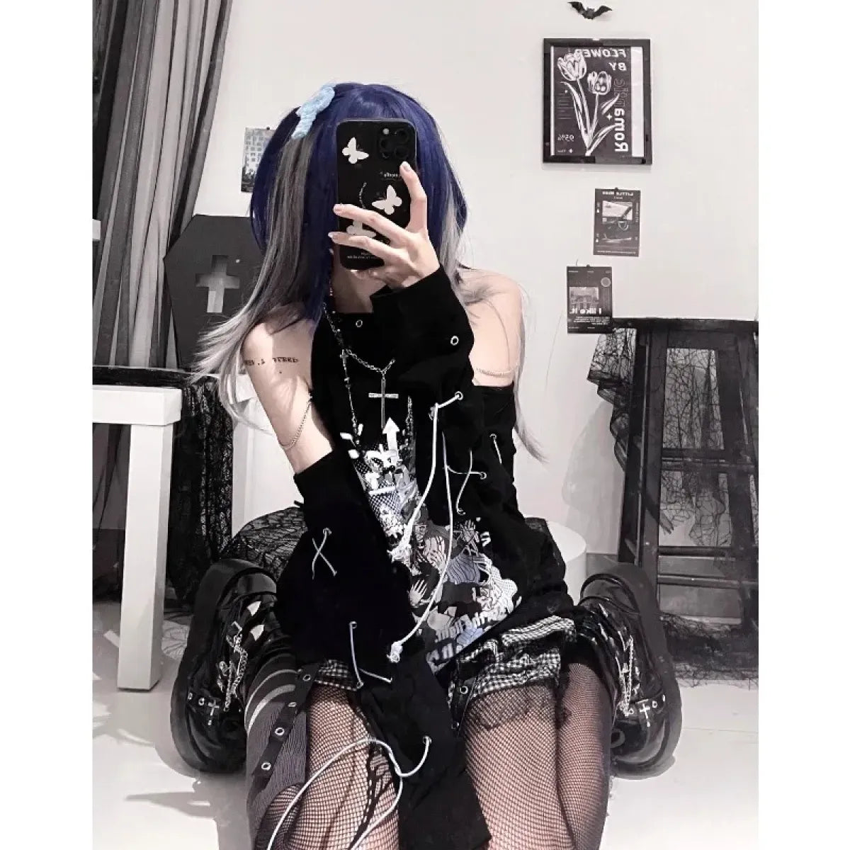 Off-Shoulder Gothic Harajuku Shirt – Y2K Punk Aesthetic - T-Shirts - Long - Round - T-Shirts - 5