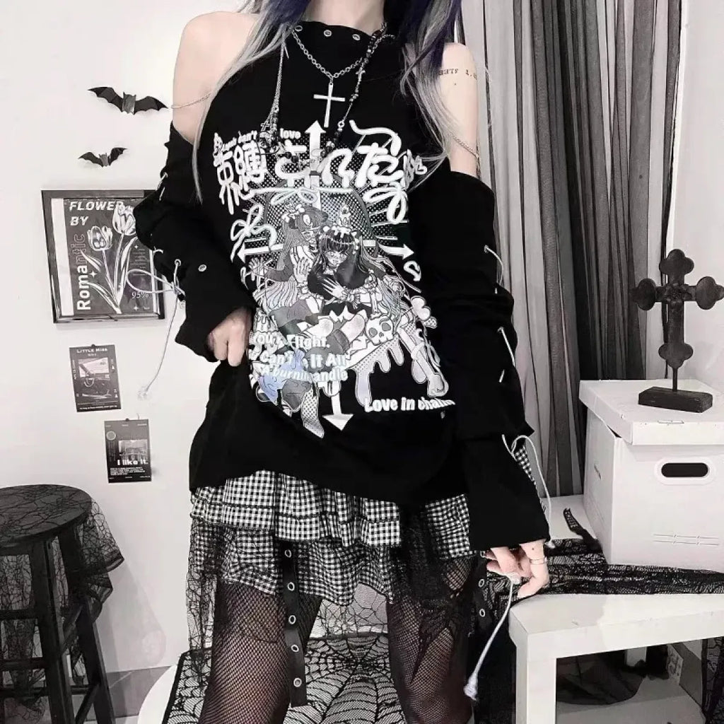 Off-Shoulder Gothic Harajuku Shirt – Y2K Punk Aesthetic - T-Shirts - Long - Round - T-Shirts - 4
