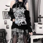 Off-Shoulder Gothic Harajuku Shirt – Y2K Punk Aesthetic - T-Shirts - Long - Round - T-Shirts - 4