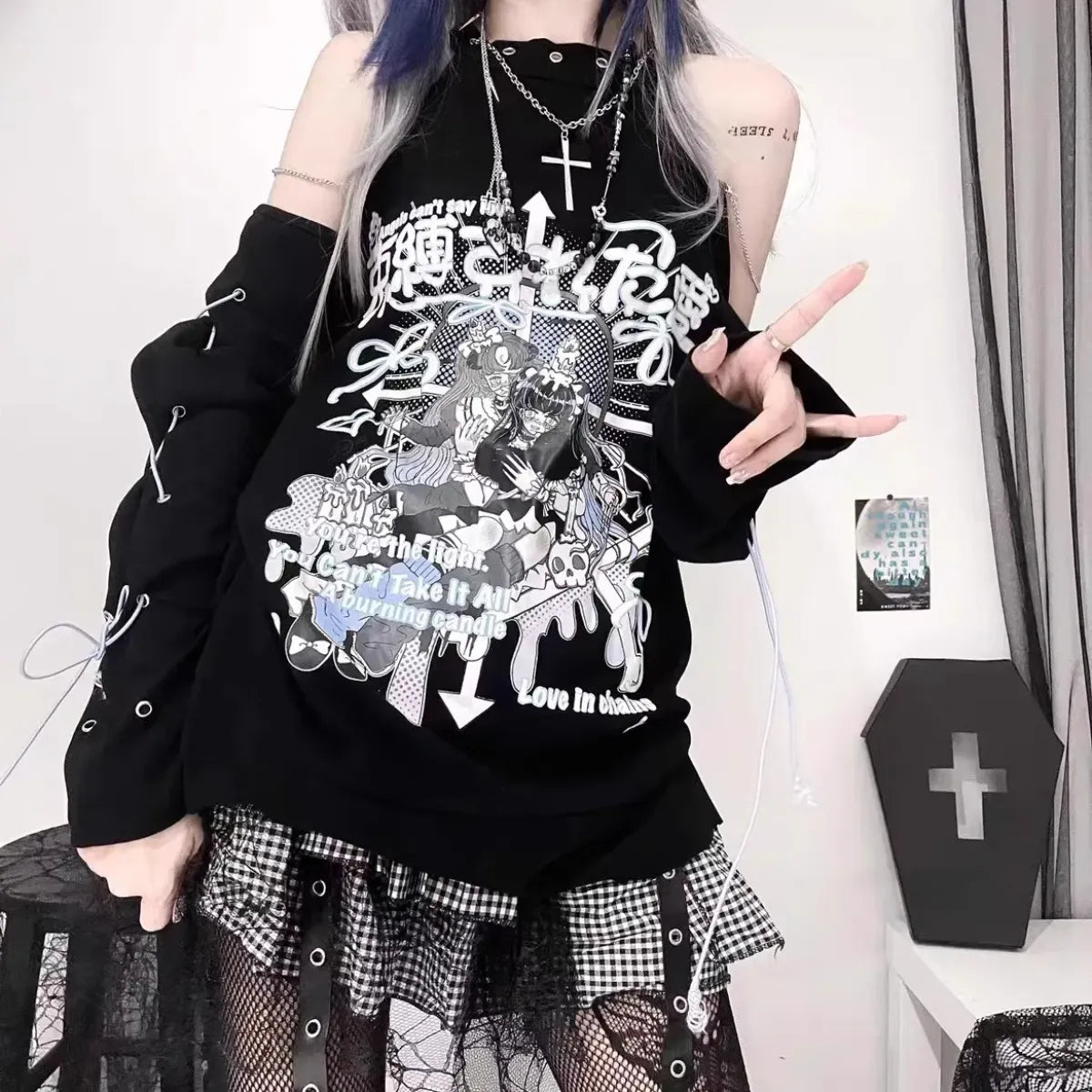 Off-Shoulder Gothic Harajuku Shirt – Y2K Punk Aesthetic - T-Shirts - Long - Round - T-Shirts - 6