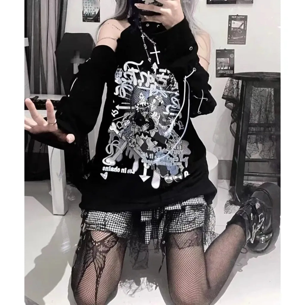 Off-Shoulder Gothic Harajuku Shirt – Y2K Punk Aesthetic - T-Shirts - Long - Round - T-Shirts - 2