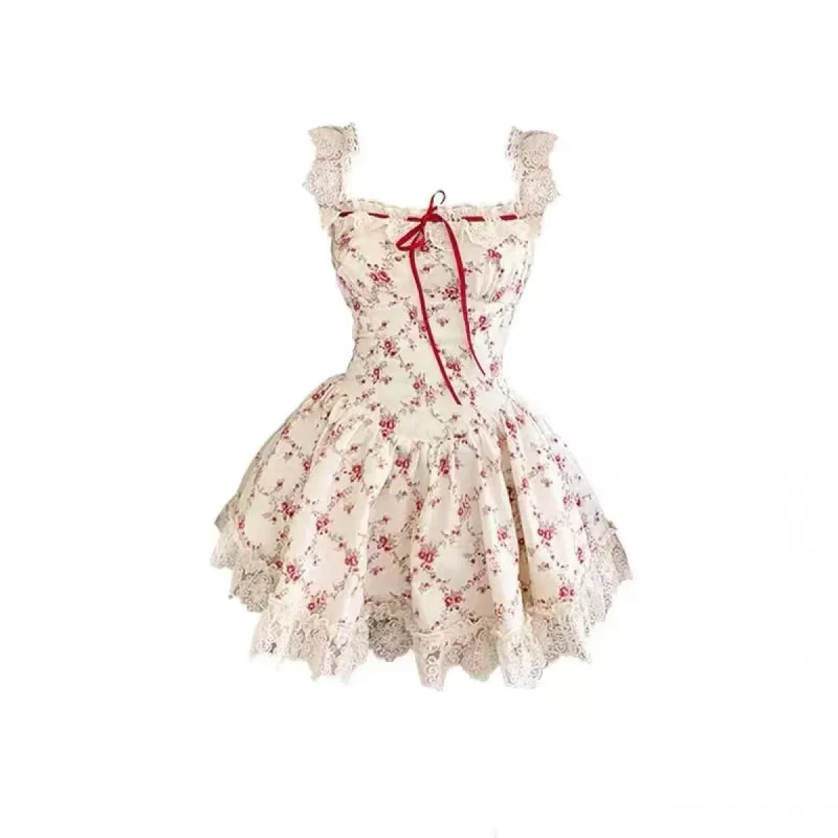 Sweet Lolita Floral Lace Mini Dress Set – Y2K Red Cardigan Suit - All Dresses - Sleeveless - Square - Clothing Sets - 7