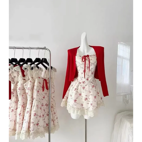 Sweet Lolita Floral Lace Mini Dress Set – Y2K Red Cardigan Suit - All Dresses - Sleeveless - Square - Clothing Sets - 2
