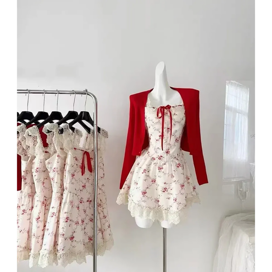 Sweet Lolita Floral Lace Mini Dress Set – Y2K Red Cardigan Suit - All Dresses - Sleeveless - Square - Clothing Sets - 2
