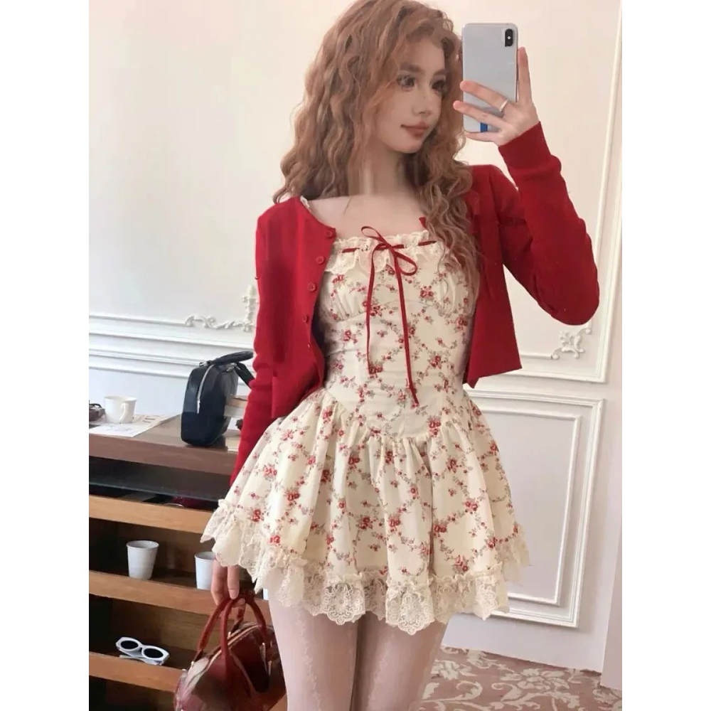 Sweet Lolita Floral Lace Mini Dress Set – Y2K Red Cardigan Suit - All Dresses - Sleeveless - Square - Clothing Sets - 1