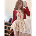 Sweet Lolita Floral Lace Mini Dress Set – Y2K Red Cardigan Suit - All Dresses - Sleeveless - Square - Clothing Sets - 1