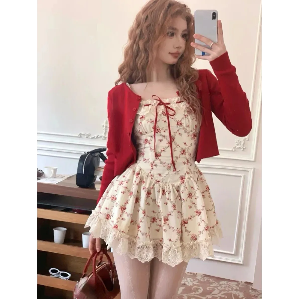 Sweet Lolita Floral Lace Mini Dress Set – Y2K Red Cardigan Suit - All Dresses - Sleeveless - Square - Clothing Sets - 1