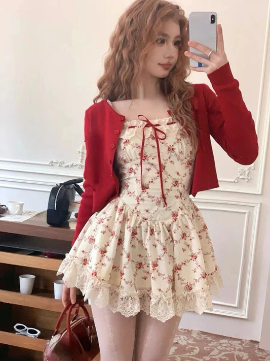 Sweet Lolita Floral Lace Mini Dress Set – Y2K Red Cardigan Suit - Set / XS - All Dresses - 2025 - 1 - Worldwide Shipping