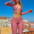 Red Gingham Two-Piece Set – Tie-Front Crop Top & Low-Waist Capris - Bottoms - Sets - 3