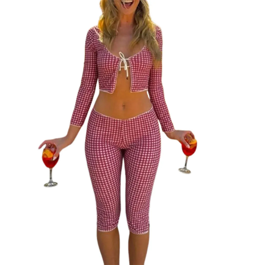 Red Gingham Two-Piece Set – Tie-Front Crop Top & Low-Waist Capris - Bottoms - Sets - 7