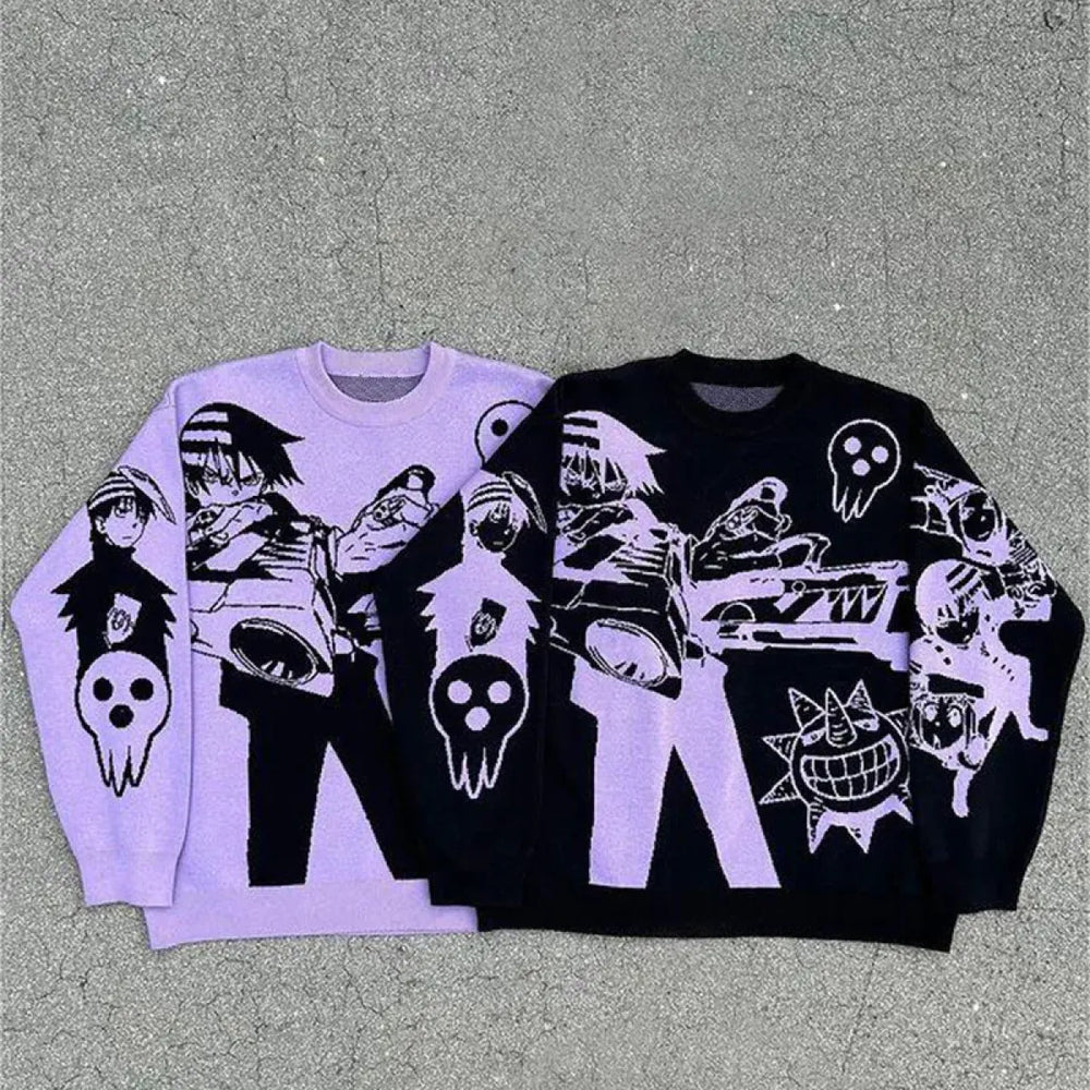 Harajuku Fashion Couple Sweaters - Y2K Retro Gothic Round Neck Tops - Sweaters - 1