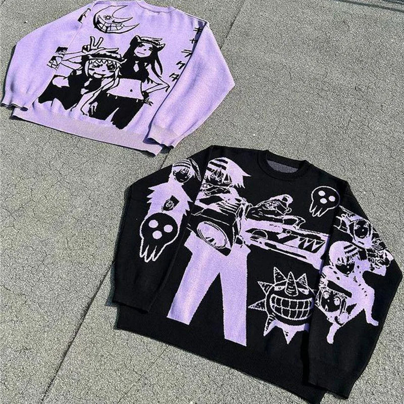 Harajuku Fashion Couple Sweaters - Y2K Retro Gothic Round Neck Tops - Sweaters - Shirts & Tops - 6 - 2024