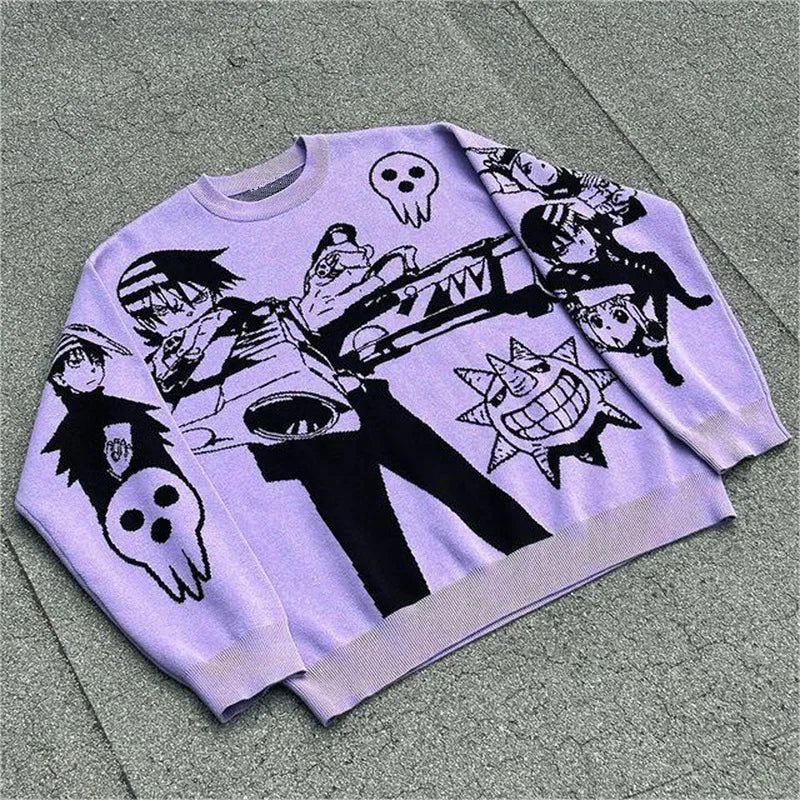 Harajuku Fashion Couple Sweaters - Y2K Retro Gothic Round Neck Tops - Sweaters - Shirts & Tops - 5 - 2024