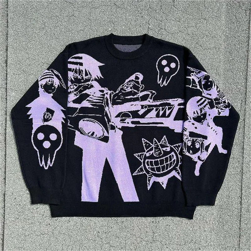 Harajuku Fashion Couple Sweaters - Y2K Retro Gothic Round Neck Tops - Black / XL - Sweaters - Shirts & Tops - 3 - 2024