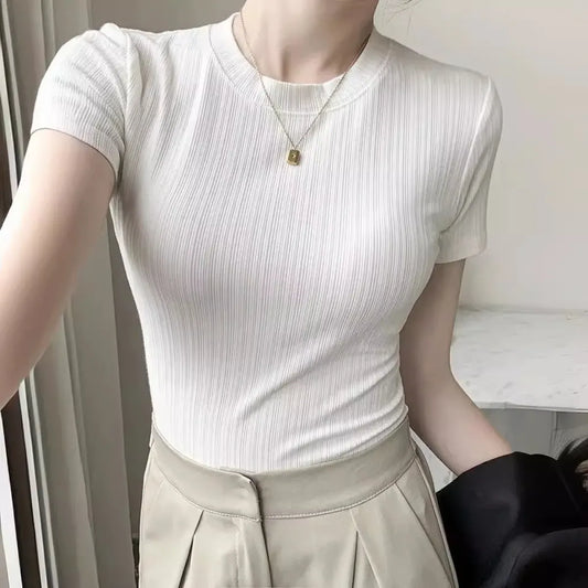 Y2K Harajuku Ribbed Knit Slim Tee - T-Shirts - T-Shirt - 1