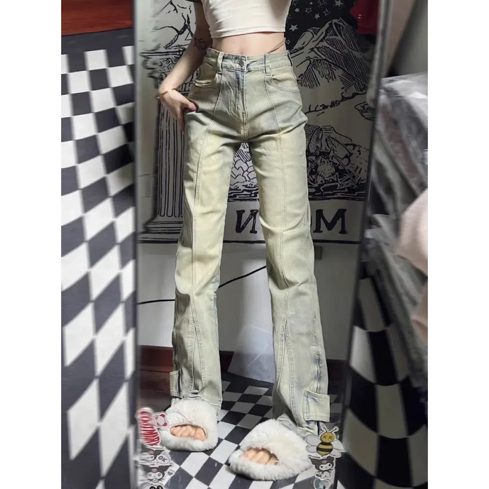 Y2K Ruched Button Wide-Leg Jeans - Bottoms - Jeans - 1