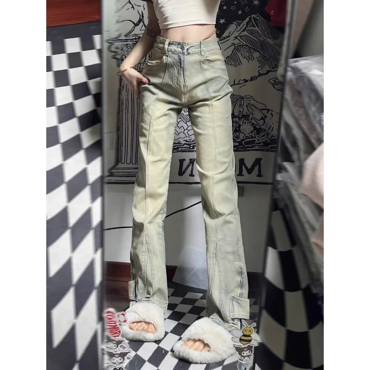 Y2K Ruched Button Wide-Leg Jeans - Bottoms - Jeans - 1