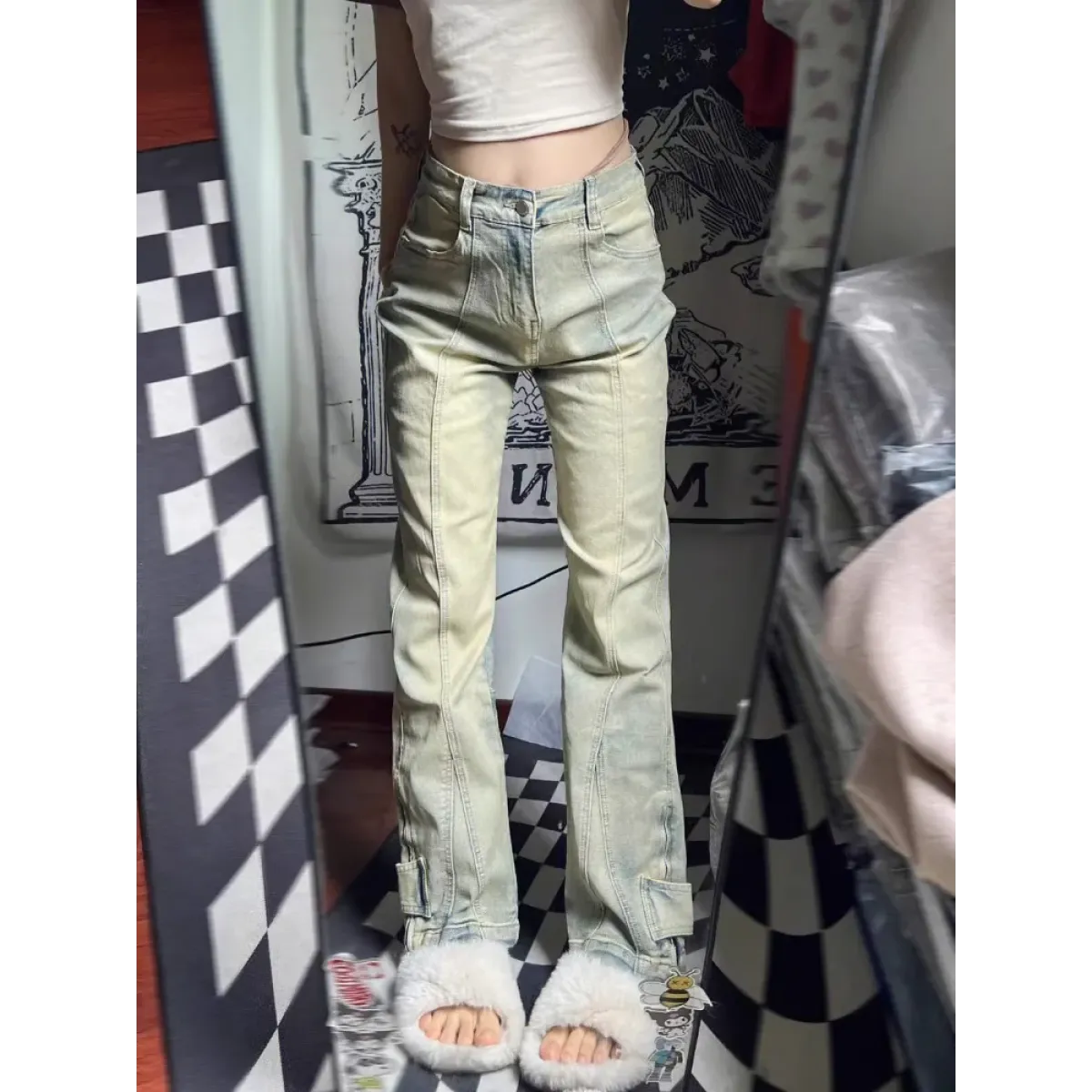 Y2K Ruched Button Wide-Leg Jeans - Bottoms - Jeans - 4