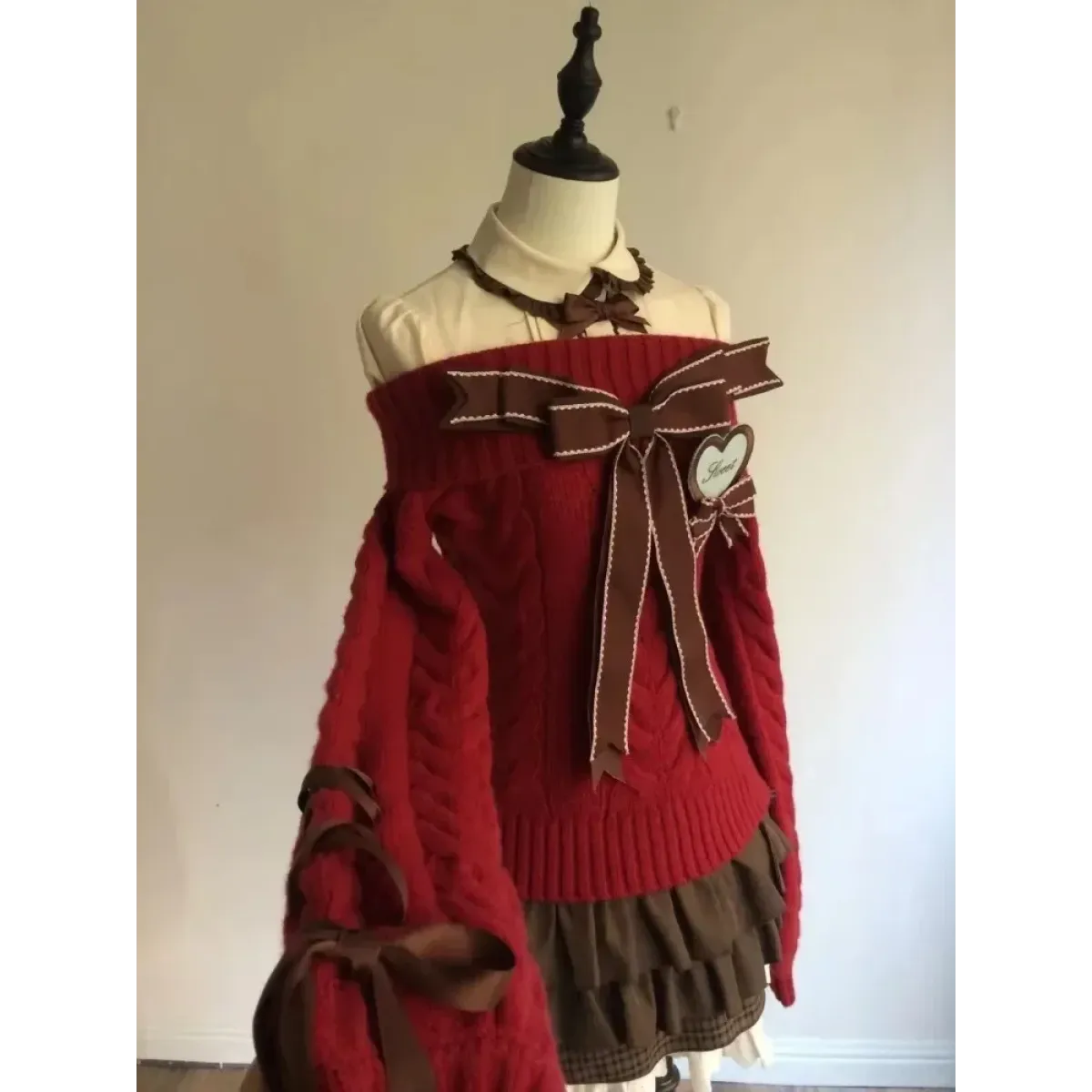 Y2K Off Shoulder Bow Sweater & Ruched Skirt Set – Autumn Knit - Bottoms - Clothing Sets - 1