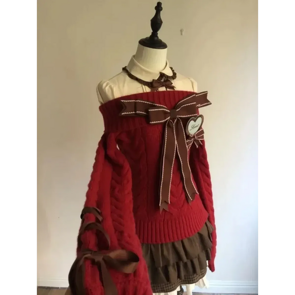 Y2K Off Shoulder Bow Sweater & Ruched Skirt Set – Autumn Knit - Bottoms - Clothing Sets - 1