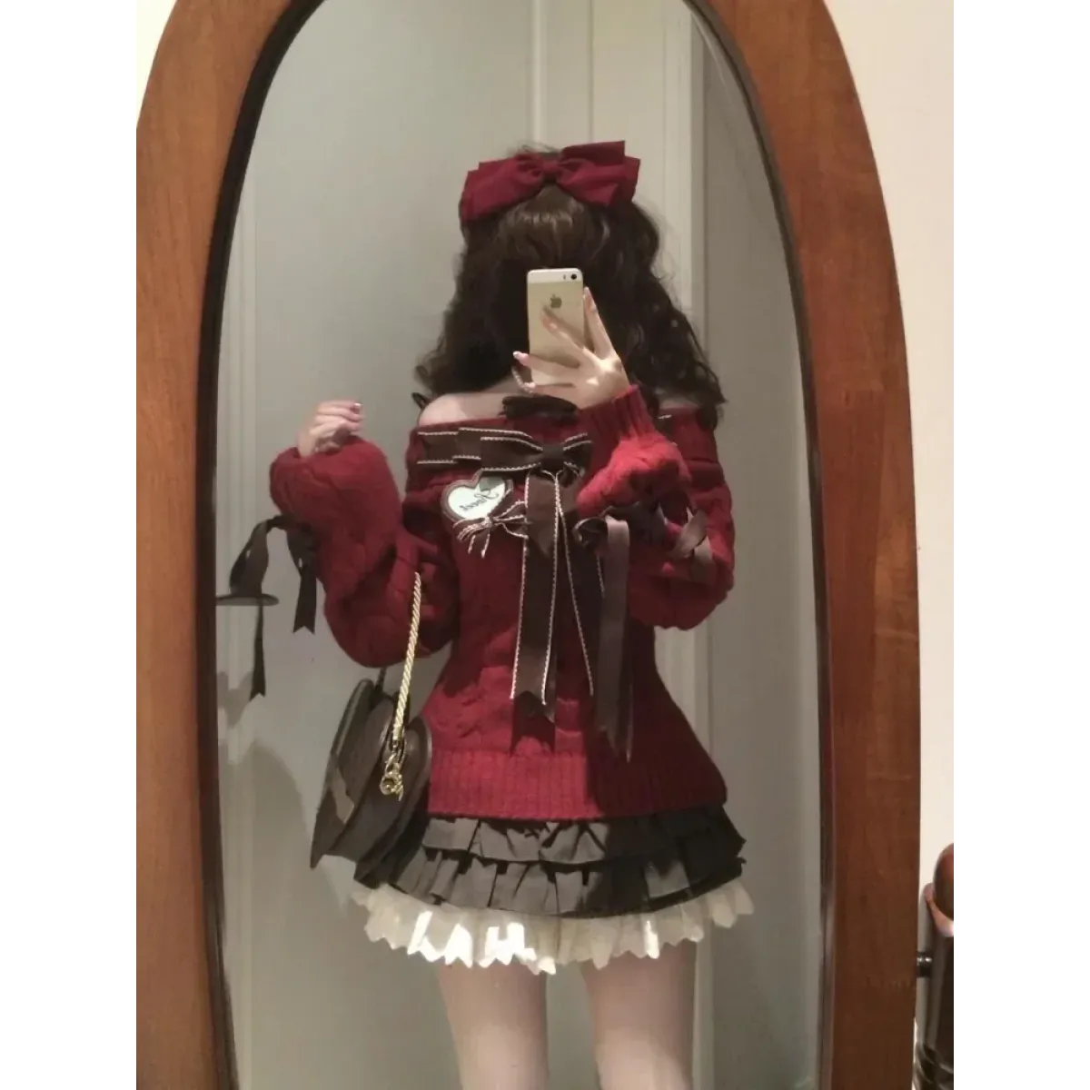 Y2K Off Shoulder Bow Sweater & Ruched Skirt Set – Autumn Knit - Bottoms - Clothing Sets - 4