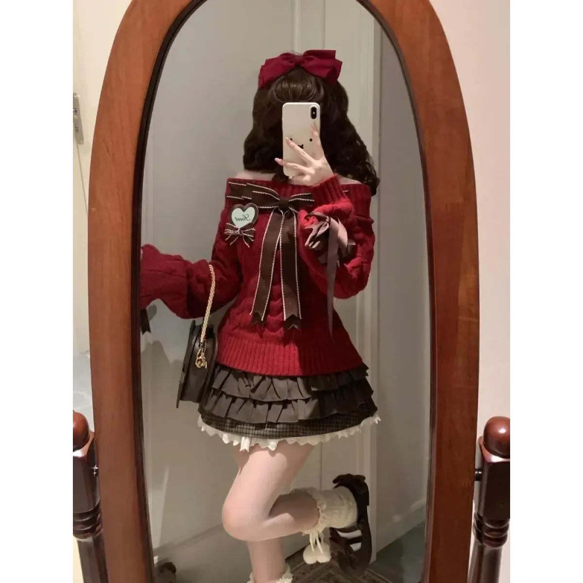 Y2K Off Shoulder Bow Sweater & Ruched Skirt Set – Autumn Knit - Bottoms - Clothing Sets - 2